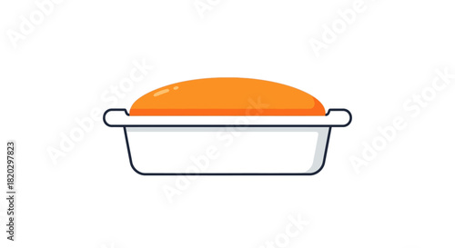 A simple, clean illustration of a bar of orange soap in a white soap dish.