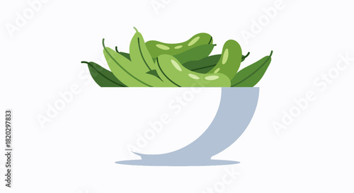 A simple flat illustration of a white bowl filled with fresh green edamame pods, isolated on a white background.