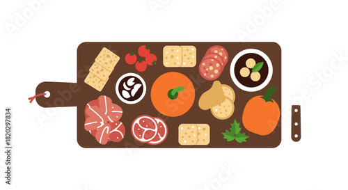 Overhead view of a charcuterie board with various food items arranged on it.