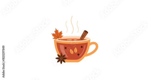 A steaming cup of hot autumn spiced drink with cinnamon, star anise, and a maple leaf.