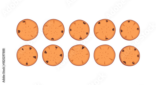 A top-down view of ten chocolate chip cookies arranged in two rows on a white background.