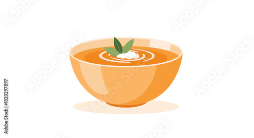 A vibrant orange bowl of creamy soup with a dollop of white cream and green leaves on top, isolated on a white background.