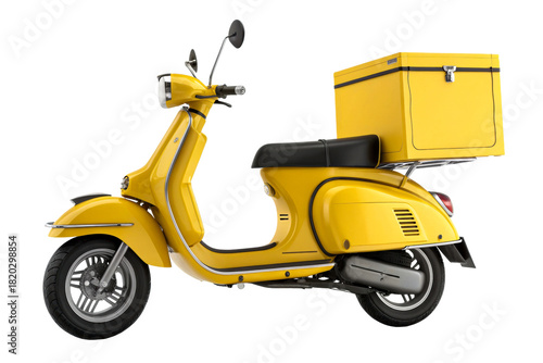 Yellow scooter with a cargo box, perfect for delivery services and urban transport, offering a practical and stylish mobility solution for businesses.