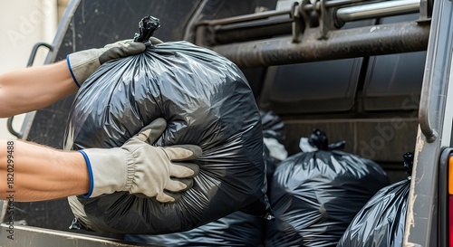 Close-up of Sanitation Worker Hands Loading a Black Garbage Bag into Truck