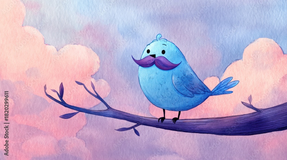 Fototapeta premium A whimsical illustration of a blue bird with a mustache perched on a branch with a pink and purple sky in the background.