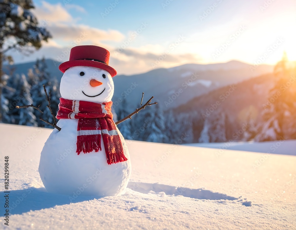 Obraz premium Cheerful snowman with red accessories against snowy mountain backdrop