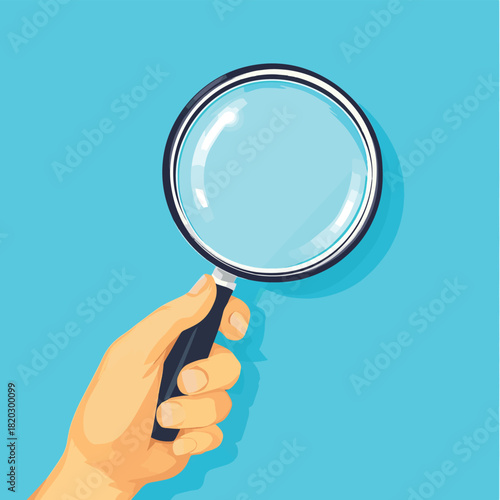 Flat hand holding a magnifying glass vector  , vector style simple color