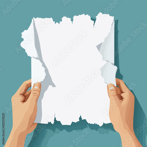 Flat style. Hands tearing apart a blank sheet of paper , vector style simple color