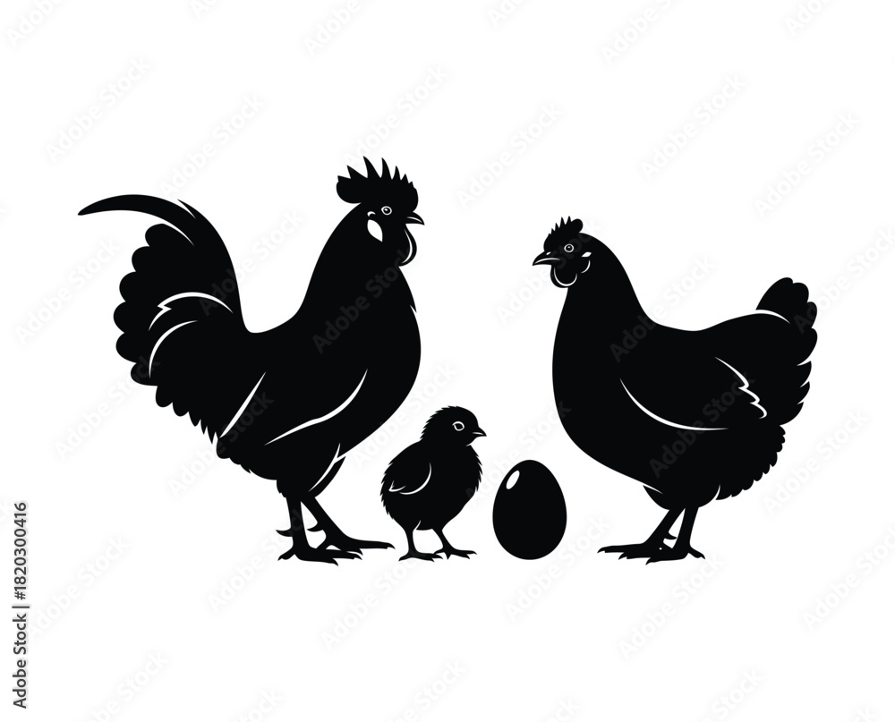Fototapeta premium Chicken Family Silhouettes - Rooster, Hen, Chick & Egg Farm Animals