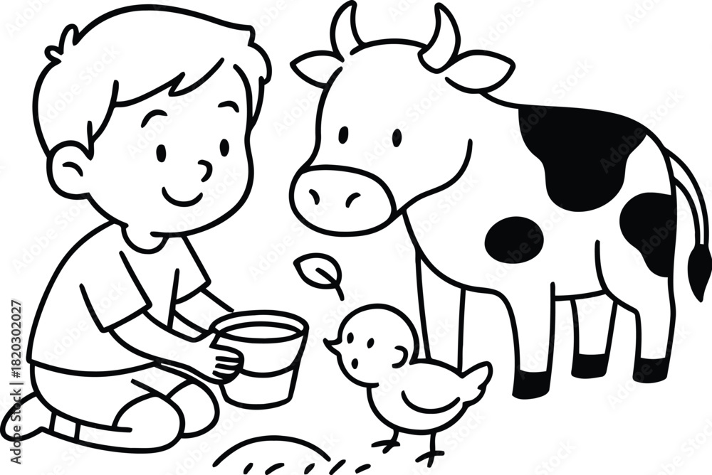 Fototapeta premium Boy feeding cow and chick with a bucket of food