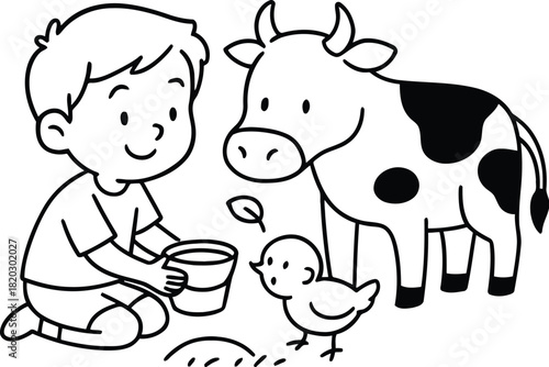 Boy feeding cow and chick with a bucket of food