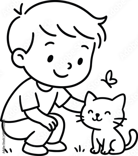 Boy petting a happy smiling cat outdoors in a friendly scene