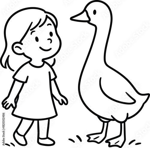 Little girl smiling at a friendly looking duck