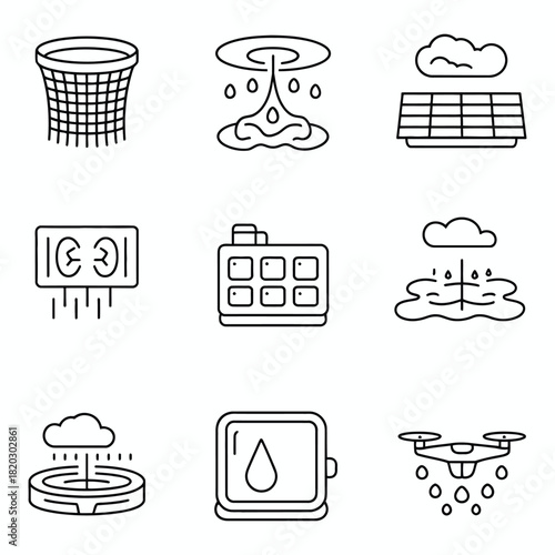 Weather and environmental technology icons in line art cloud rain