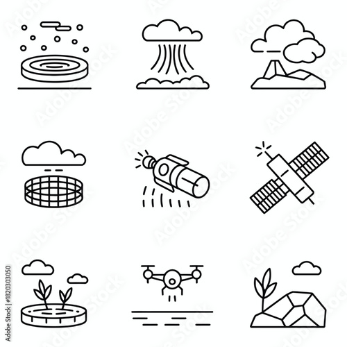 Agriculture technology icons for farming and space exploration drone