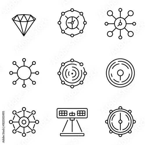 Collection of nine black outline icons featuring diamonds and circular diagrams Keywords: icon