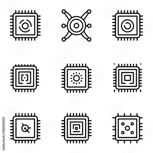 Computer Chip Icons Set With Circuitry And Microprocessor vector illustration