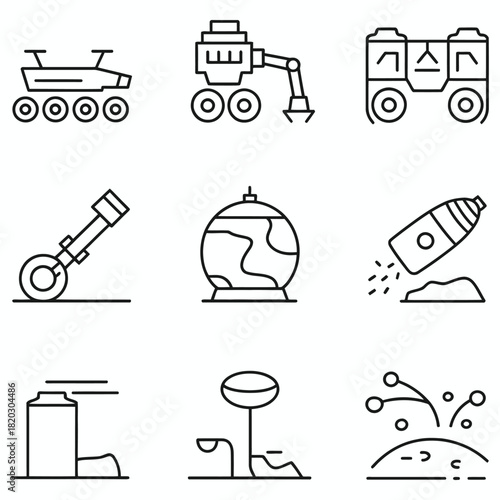 Mars Exploration Icons Set With Rover And Rocket vector illustration