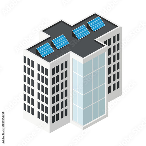 Isometric view of a contemporary, plus-shaped commercial building featuring a glass atrium and sustainable rooftop solar panels