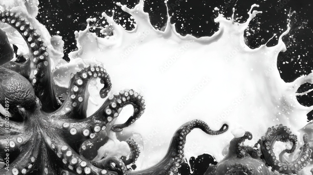 Obraz premium Dynamic Octopus Ink Splash Forms Striking Border With Clean White Space for Copy and Bold Black-White Theme