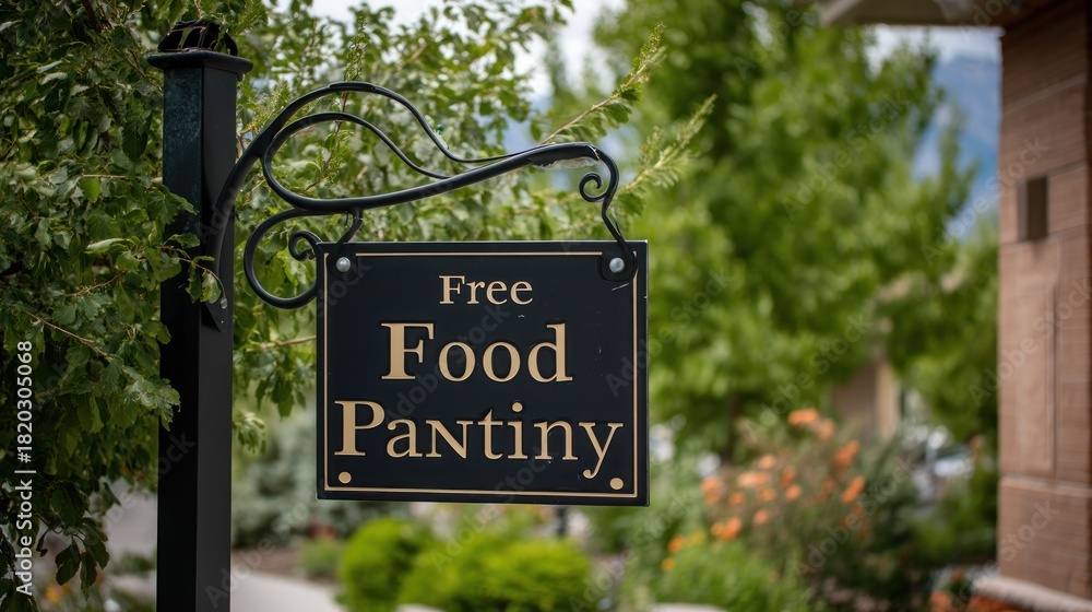 Obraz premium A black and gold sign reading 'Free Food Pantiny' hanging from a metal pole in a lush, green outdoor setting with trees and bushes in the background.