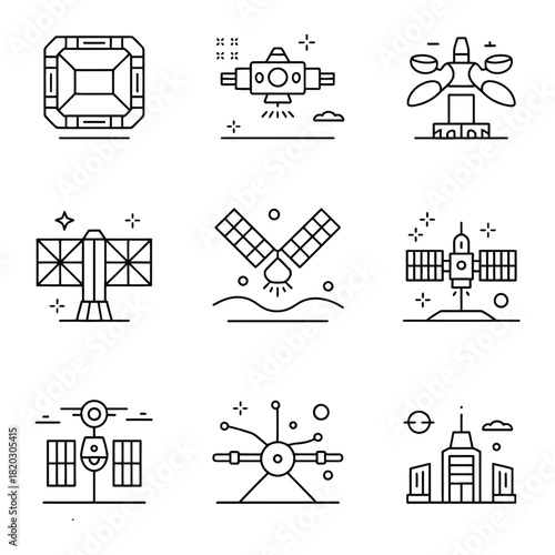 Space exploration and technology icons in outline style satellite orbit