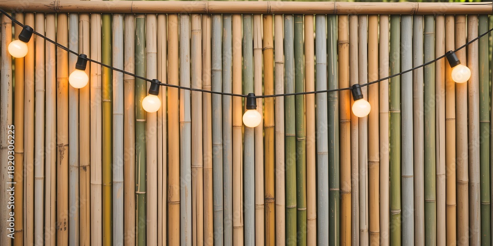 Obraz premium Natural Bamboo Wall Background with Warm String Lights