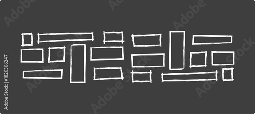 white chalk hand drawn frames. Collection of writing on blackboard by children rectangular and square geometric shapes.