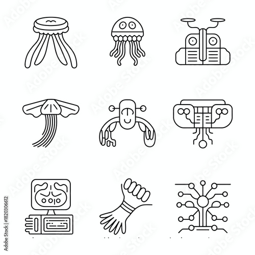 Nine black outline icons representing technology, robots, and networks Keywords: icon, set