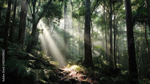 A sunlit forest path with tall trees and sunlight filtering through, creating a serene and magical atmosphere.