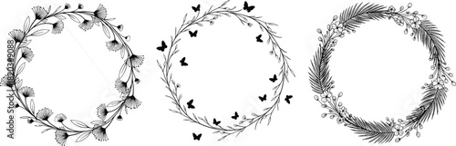 Floral wreath set, botanical circles, butterfly design, geometric frame, palm fronds, seasonal decor, nature illustration, decorative art, invitation, logo