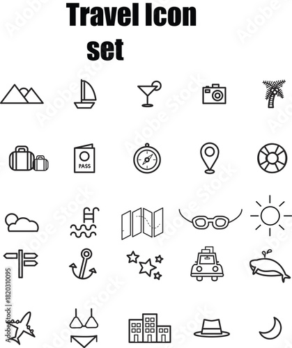 A professional icon sheet containing 25 distinct travel and vacation icons, The style is minimalist monoline vector art, featuring a single, consistent black stroke outline on a pure white background.