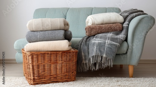 A cozy living room scene with a teal sofa adorned with a variety of folded blankets and a wicker basket, set against a plain wall.