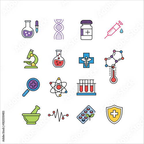 PrintVector Line Icons Set for Medicine, Chemistry, and Genetics. DNA, Syringe, Microscope, and Lab Equipment.