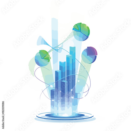 Modern futuristic data visualization vector elements with blue bars, green and purple pie charts on a white background, conveying a sense of digital analysis and statistics.