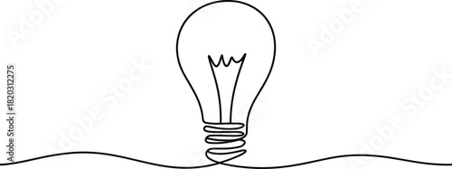Single line drawing of a light bulb on a white background