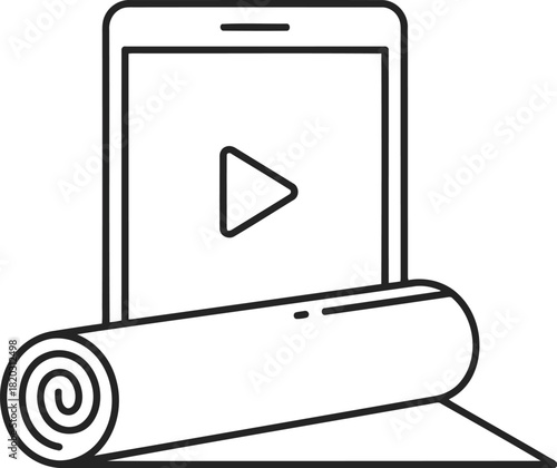 Online fitness and home workout concept smartphone with video play button and rolled yoga mat