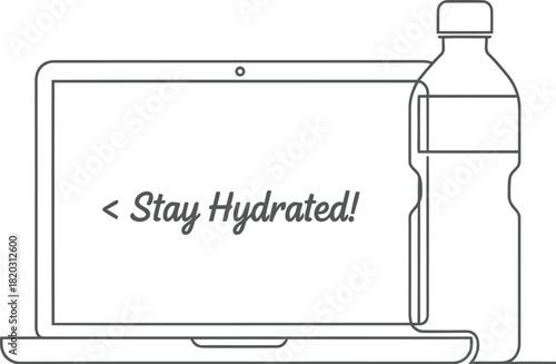 Line art illustration of a laptop with a stay hydrated message on screen, next to a water bottle