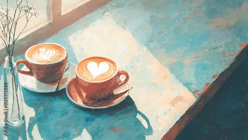 水彩カフェイラスト ハートラテの優しいカフェシーン