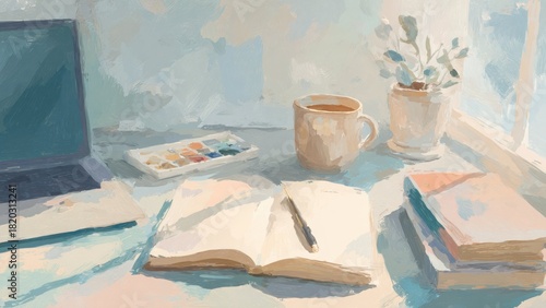 水彩デスク作業風景 ノートとコーヒーの創作シーン