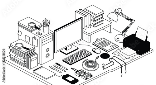 Isometric workspace complete with computer, books, and office supply