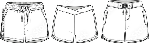 Women’s shorts technical sketch, fashion flat, sportwear vector, waistband styles, cargo pockets, drawstring detail, apparel design, garment illustration, silhouette, CAD