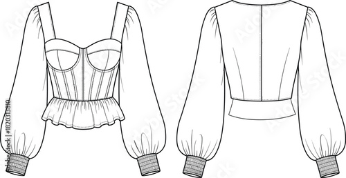 Women's blouse technical sketch, peplum hem, bishop sleeve, structured bodice, fashion design, garment construction, cad drawing flat vector illustration