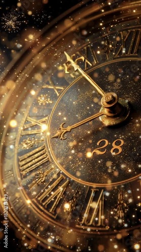 Close-up of an ornate golden clock face covered in sparkling particles, symbolizing the magical countdown to New Year’s midnight. Warm tones and glitter create a luxurious festive atmosphere.