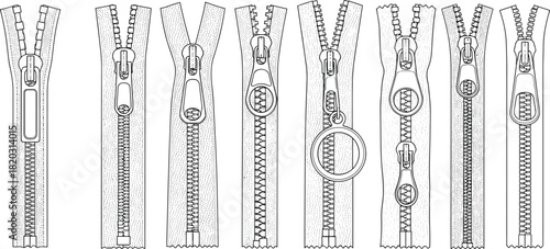 Zipper technical sketch, pull tab variations, slider shapes, teeth styles, fashion hardware, cad drawing flat vector illustration