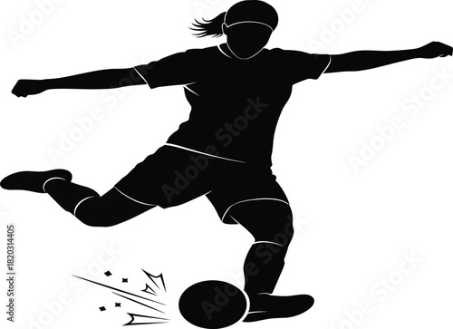 Female soccer player kicking ball long shot silhouette