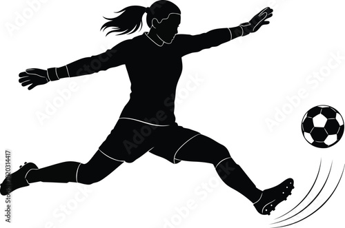 Minimalist female goalkeeper sideways kick save silhouette
