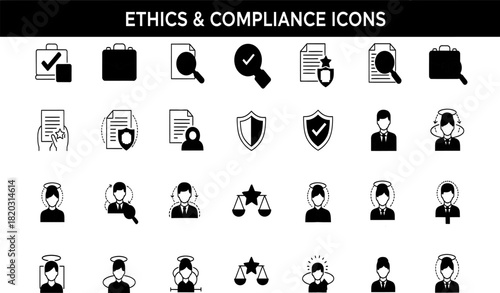 Ethics and compliance icon set for business and legal applications