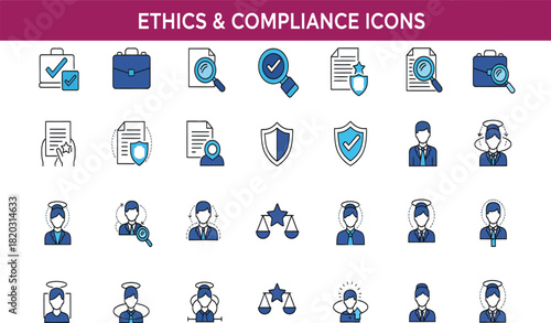 Ethics and compliance icon set with blue title bar