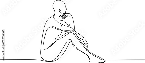 Single line drawing of a person sitting with chin resting on hand